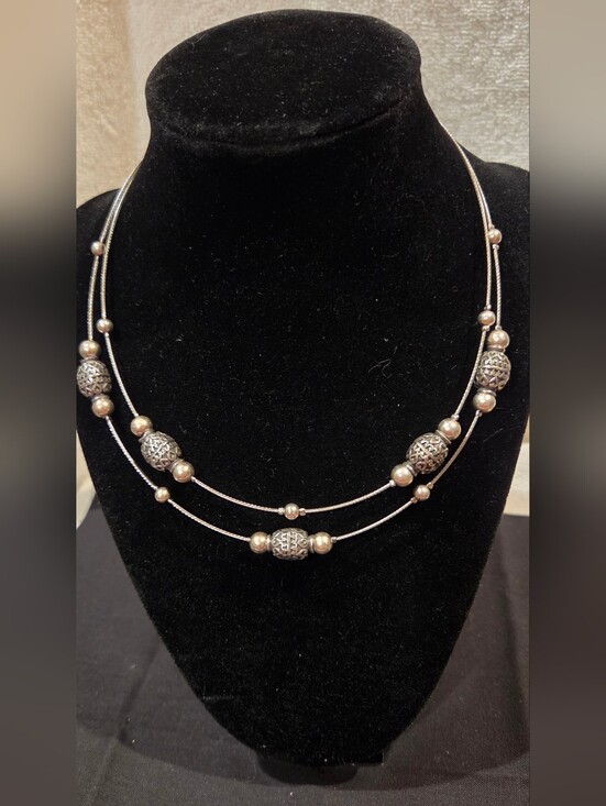 Jewelry - DOUBLE STRAND WIRE NECKLACE WITH SILVERTONE BEADS AND DESIGN BEADS